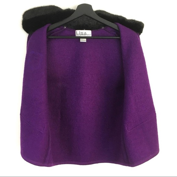 Vintage purple boiled wool vest faux fur collar women's Large crest patch - Picture 9 of 10